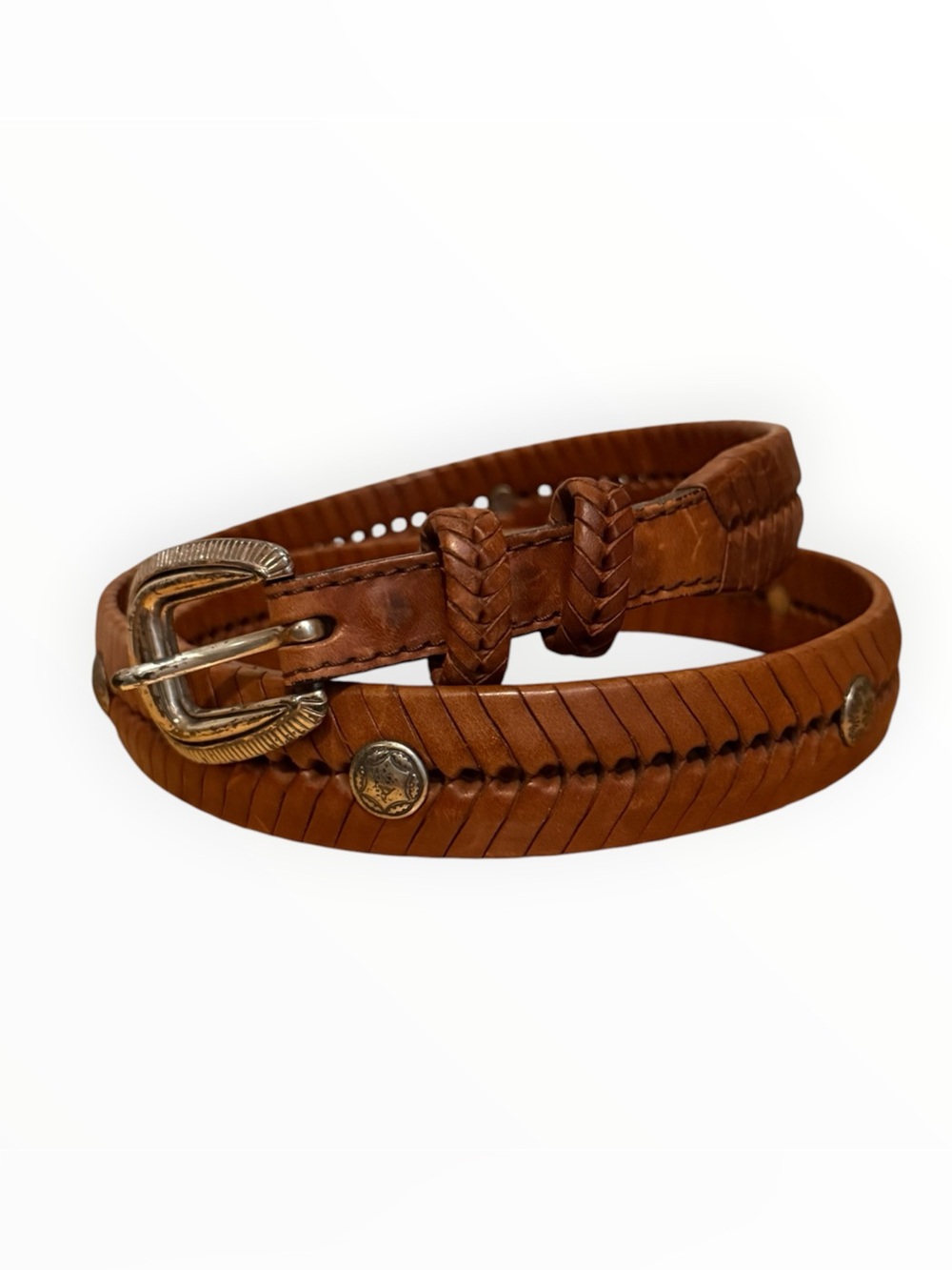 Vtg 90s Sz 38 Leather Belt Western Concho Braided Whipstitch Brown‎ Woven Boho